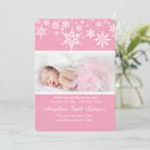 冬の雪片ピンクの誕生のお知らせ シーズンカード (スタンド正面)