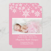 冬の雪片ピンクの誕生のお知らせ シーズンカード (正面/裏面)