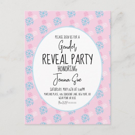 冬の雪片ピンクブルージェンダーが明らかにする ポストカード (正面)