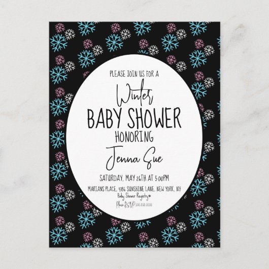 冬の雪片ピンク色のブルーベビーシャワーブラック ポストカード (正面)
