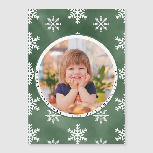 冬の雪片フォトファミリー名クリスマスカード (正面)