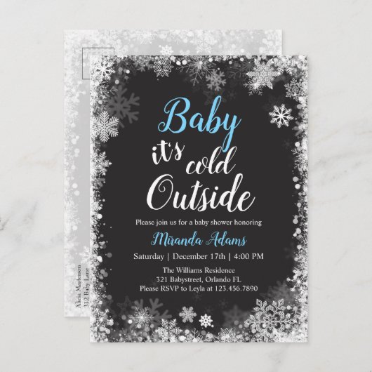 冬の雪片フォトボーイ赤ちゃんシャワー インビテーションポストカード (正面/裏面)