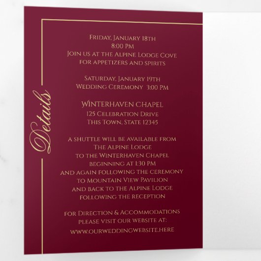 冬の雪片ブルゴーニュと金ゴールドの輝き 三つ折りカード (内部最初)