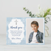 冬の雪片ブルー最初の聖餐式の写真 サンキューカード (スタンド正面)