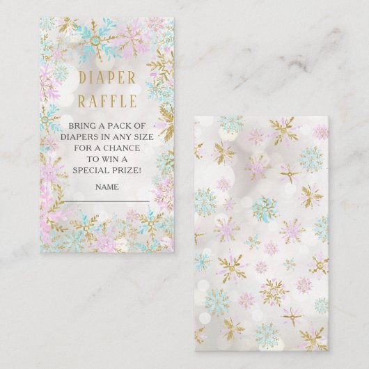 冬の雪片ベビーシャワーおむつラッフルチケット エンクロージャーカード (正面/裏面)