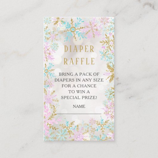 冬の雪片ベビーシャワーおむつラッフルチケット エンクロージャーカード (正面)