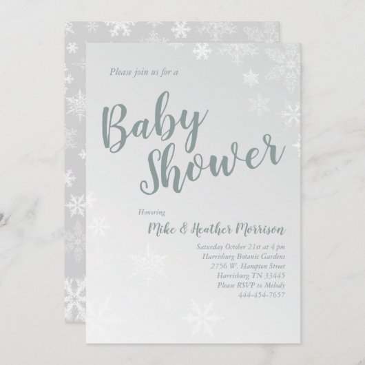 冬の雪片ベビーシャワーグレ男女兼用ー 招待状 (正面/裏面)