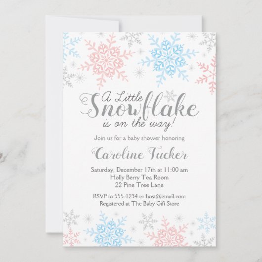 冬の雪片ベビーシャワーピンクブルーシルバー 招待状 (正面)