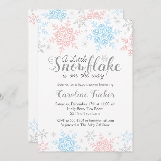 冬の雪片ベビーシャワーピンクブルーシルバー 招待状 (正面/裏面)