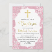 冬の雪片ライトピンク金ゴールドガールバプテスマ 招待状 (正面)