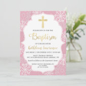 冬の雪片ライトピンク金ゴールドガールバプテスマ 招待状 (スタンド正面)