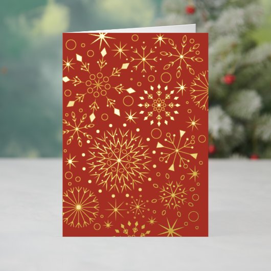 冬の雪片レッドと金ゴールド 箔シーズンカード (クリスマスインサイチュ)