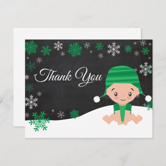 冬の雪片緑のサンキューカード サンキューカード (正面/裏面)