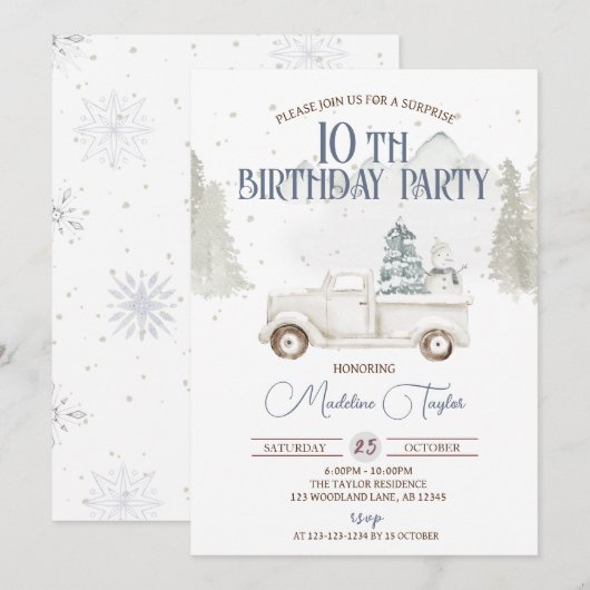 冬の雪片10誕生日 招待状 (正面/裏面)