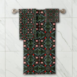 冬の雪片，ポインセチア，深紅色 バスタオルセット