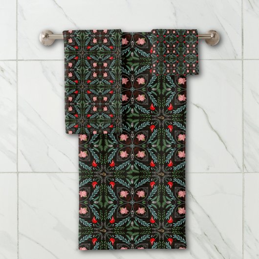 冬の雪片，ポインセチア，深紅色 バスタオルセット