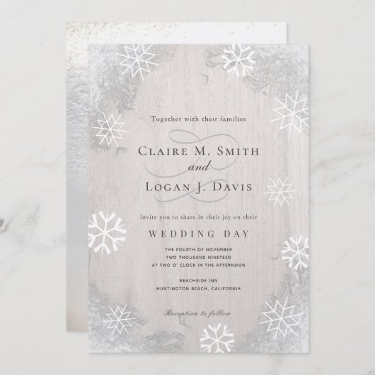 冬の雪素朴片ライトグレー結婚ウッド 招待状 (正面/裏面)