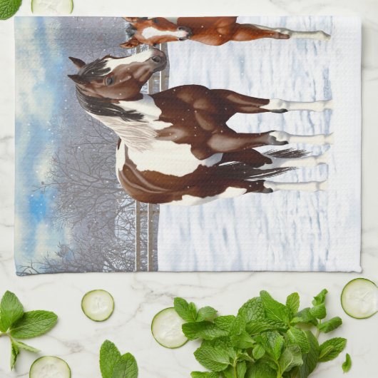 冬の雪絵を描の中に馬を入れる キッチンタオル (折り畳み)