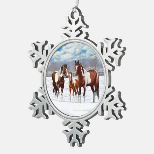 冬の雪絵を描の中に馬を入れる スノーフレークピューターオーナメント (右)