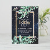 冬の雪金ゴールドネイビーリーフウォーターカラーホリデー 招待状 (スタンド正面)