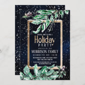 冬の雪金ゴールドネイビーリーフウォーターカラーホリデー 招待状 (正面/裏面)