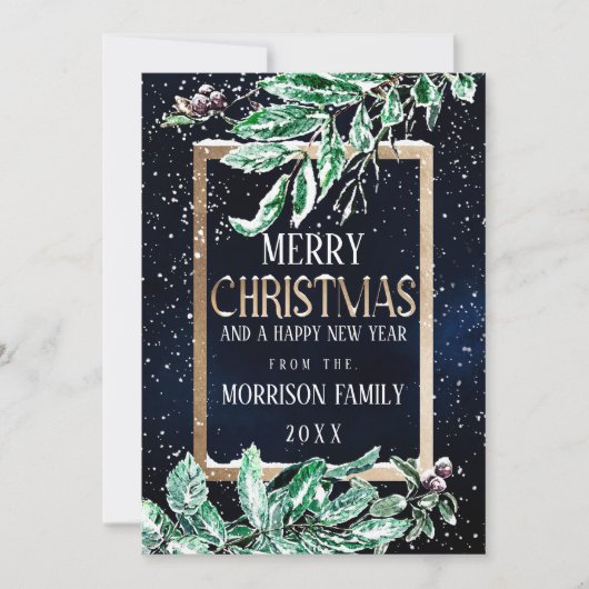 冬の雪金ゴールドネイビーリーフ水色クリスマス シーズンカード (正面)