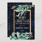 冬の雪金ゴールドネイビーリーフ水色クリスマス シーズンカード (正面/裏面)