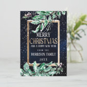冬の雪金ゴールドネイビーリーフ水色クリスマス シーズンカード (スタンド正面)