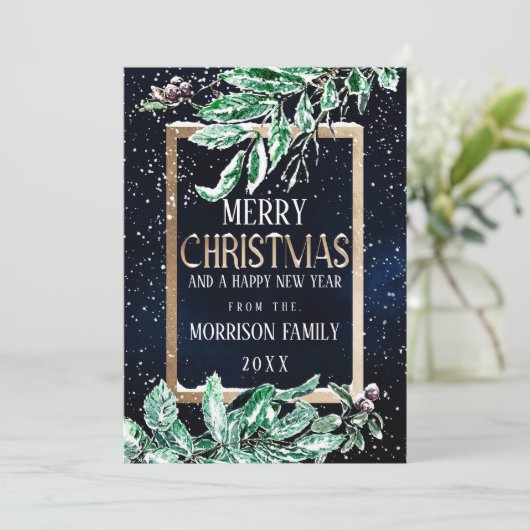 冬の雪金ゴールドネイビーリーフ水色クリスマス シーズンカード (スタンド正面)