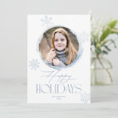 冬の雪霜の降りた片ブルーハッピーホリデー写真 シーズンカード (スタンド正面)