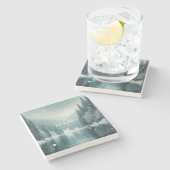 冬の雪、山の湖 ストーンコースター (横)