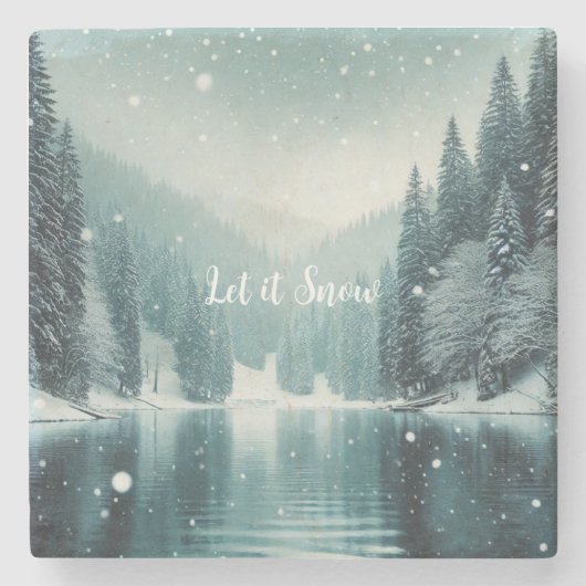 冬の雪、山の湖 ストーンコースター (正面)