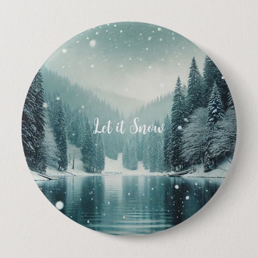 冬の雪、山の湖 缶バッジ (正面)