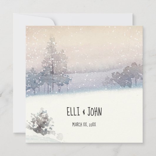 冬の雪、青と白結婚の 招待状 (正面)