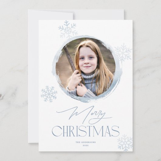 冬の霜の降りたスノーフレークのブルーメリークリスマスフォト シーズンカード (正面)
