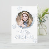 冬の霜の降りたスノーフレークのブルーメリークリスマスフォト シーズンカード (スタンド正面)