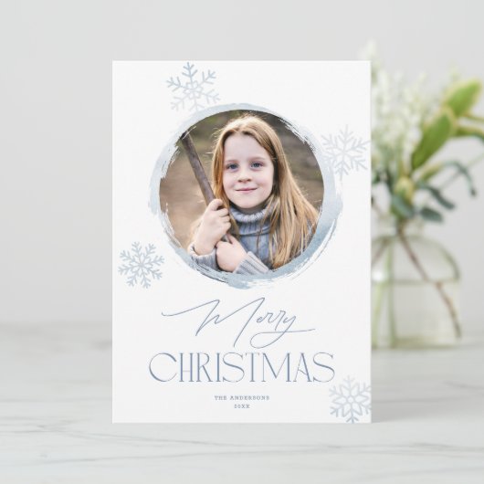 冬の霜の降りたスノーフレークのブルーメリークリスマスフォト シーズンカード (スタンド正面)