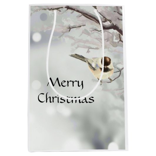 冬の霜の降りた木 チクチク鳴く鳥 クリスマス ミディアムペーパーバッグ (正面)