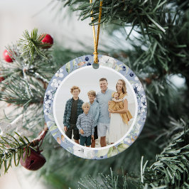 冬の霜の降りた葉の緑の写真クリスマス セラミックオーナメント