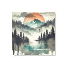 冬の霧の山の森の風景オレンジの太陽