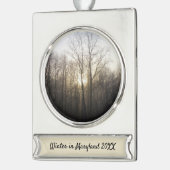 冬の霧サンライズ自然写真 シルバープレートバナーオーナメント (左)