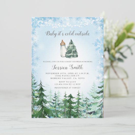 冬の青いスノーフレーク寒い屋外ベビーシャワー 招待状 (スタンド正面)