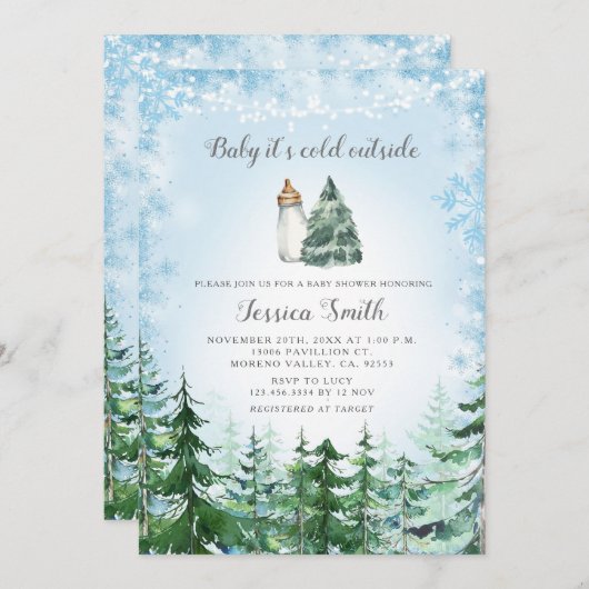 冬の青いスノーフレーク寒い屋外ベビーシャワー 招待状 (正面/裏面)