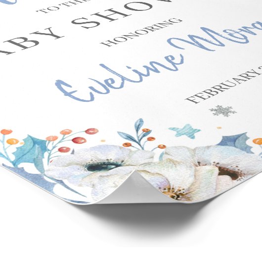 冬の青いフローラ銀の赤ちゃんシャワー歓迎サイン ポスター (角)