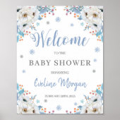 冬の青いフローラ銀の赤ちゃんシャワー歓迎サイン ポスター (正面)