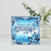 冬の青い仮面舞踏会のマスクと雪の結晶のエレガント 招待状 (スタンド正面)