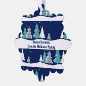 冬の青い木々のパーソナライズされたクリスマスプレゼント オーナメントカード (左)