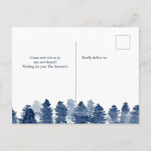 冬の青い松の木の新しい首の森の家に移動 案内ポストカード (裏面)