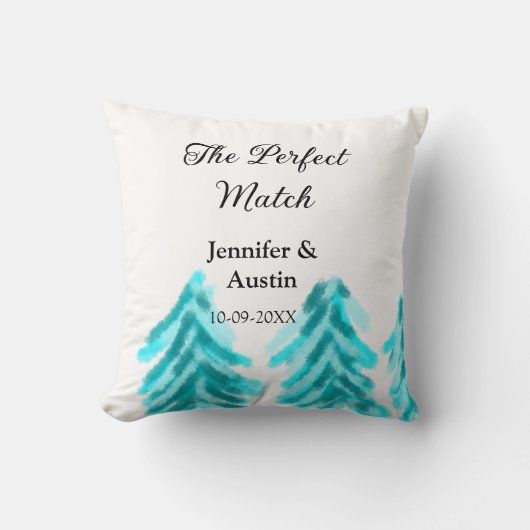 冬の青い松の木の結婚式の名前 クッション (正面)