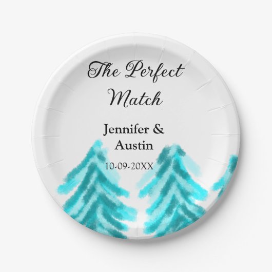 冬の青い松の木の結婚式の名前 ペーパープレート (正面)